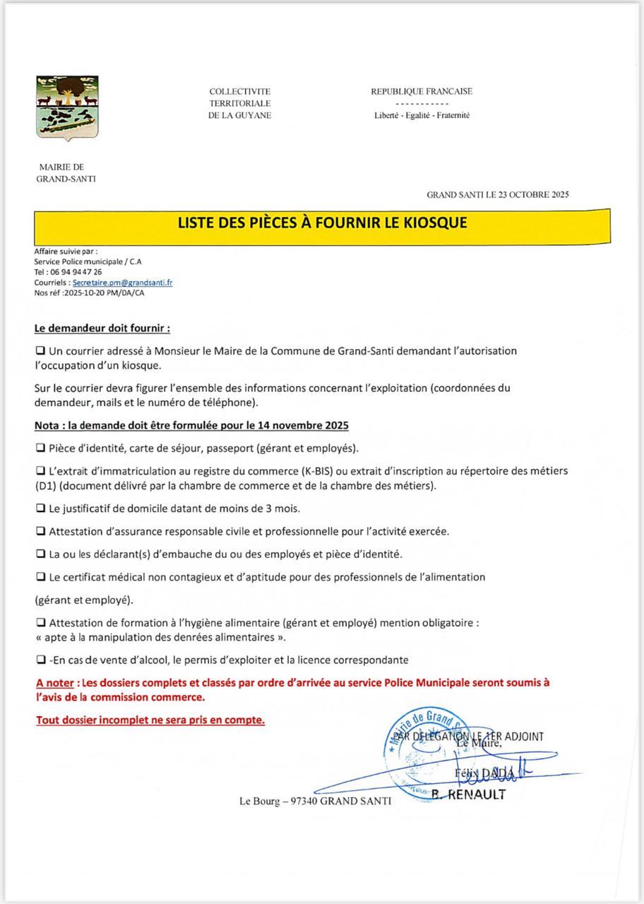 Liste des pièces à fournir pour l'autorisation de l'occupation d'un kiosque